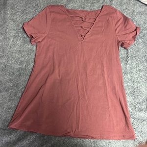 dusty rose, short sleeve, cross-crossed v-neck
